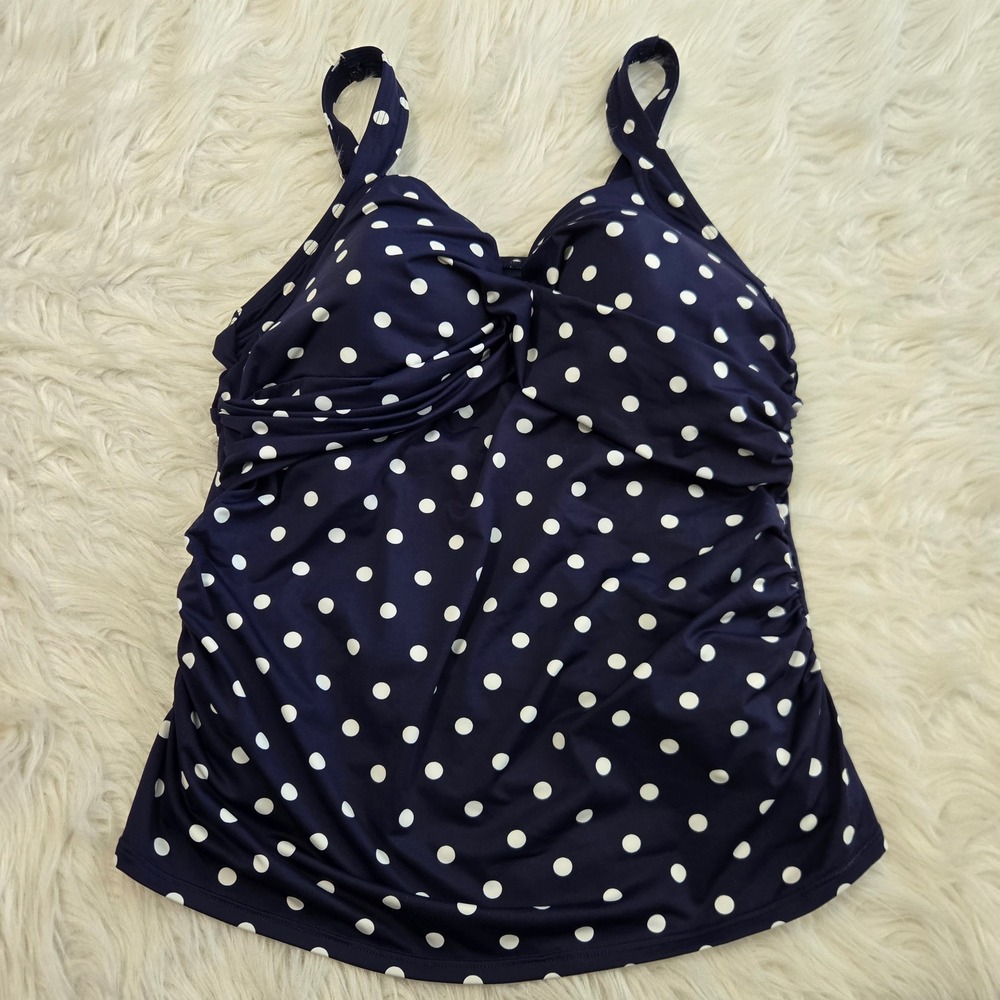 Lands End Navy Blue Polka Dot Tankini Swim Top‎ Ruched 16W Adjustable Straps